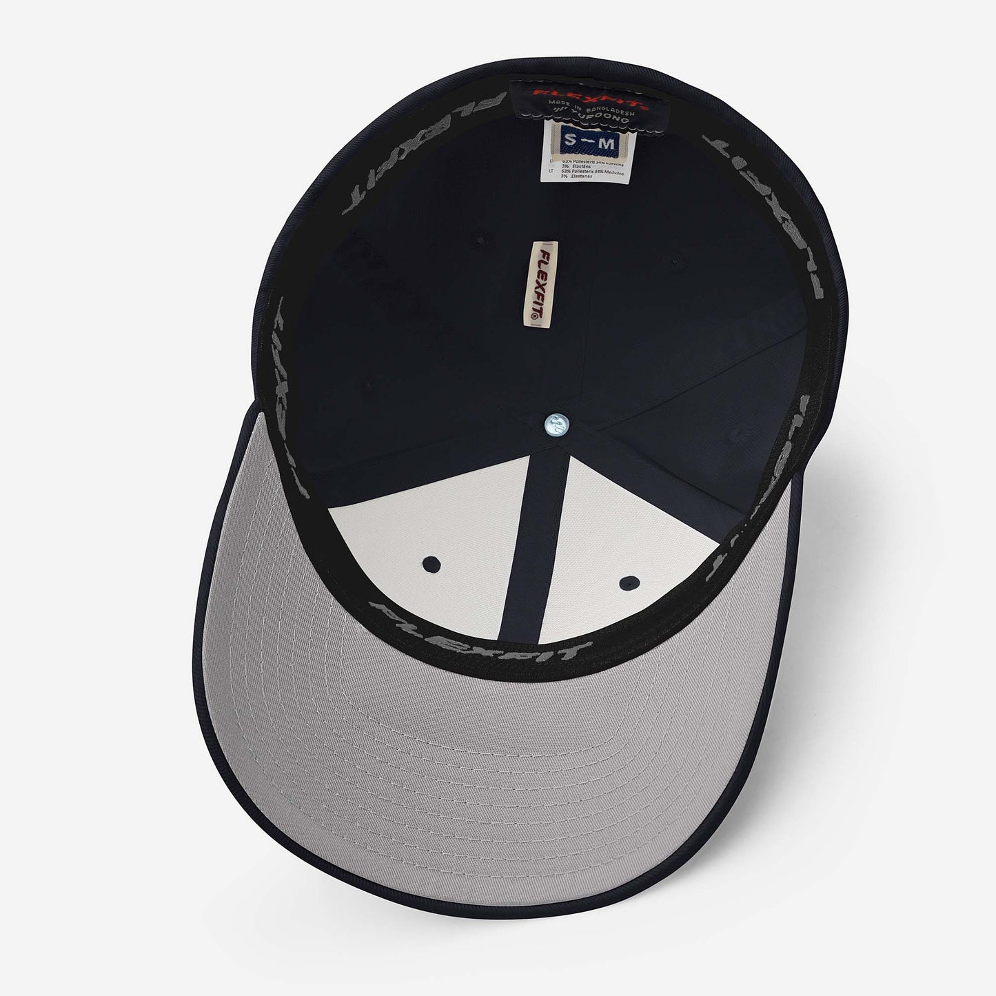 Dark navy fitted baseball hat with white embroidery front and back