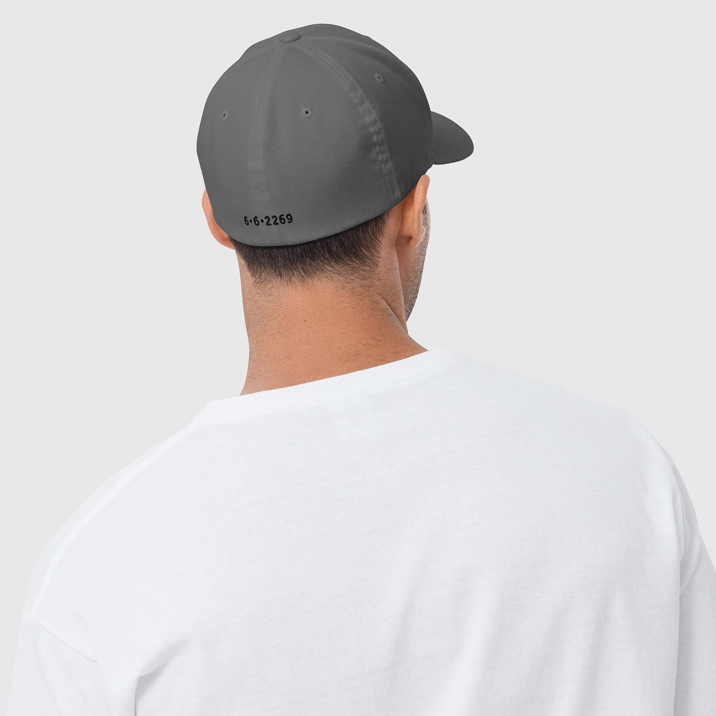 Grey fitted baseball hat with black embroidery front and back