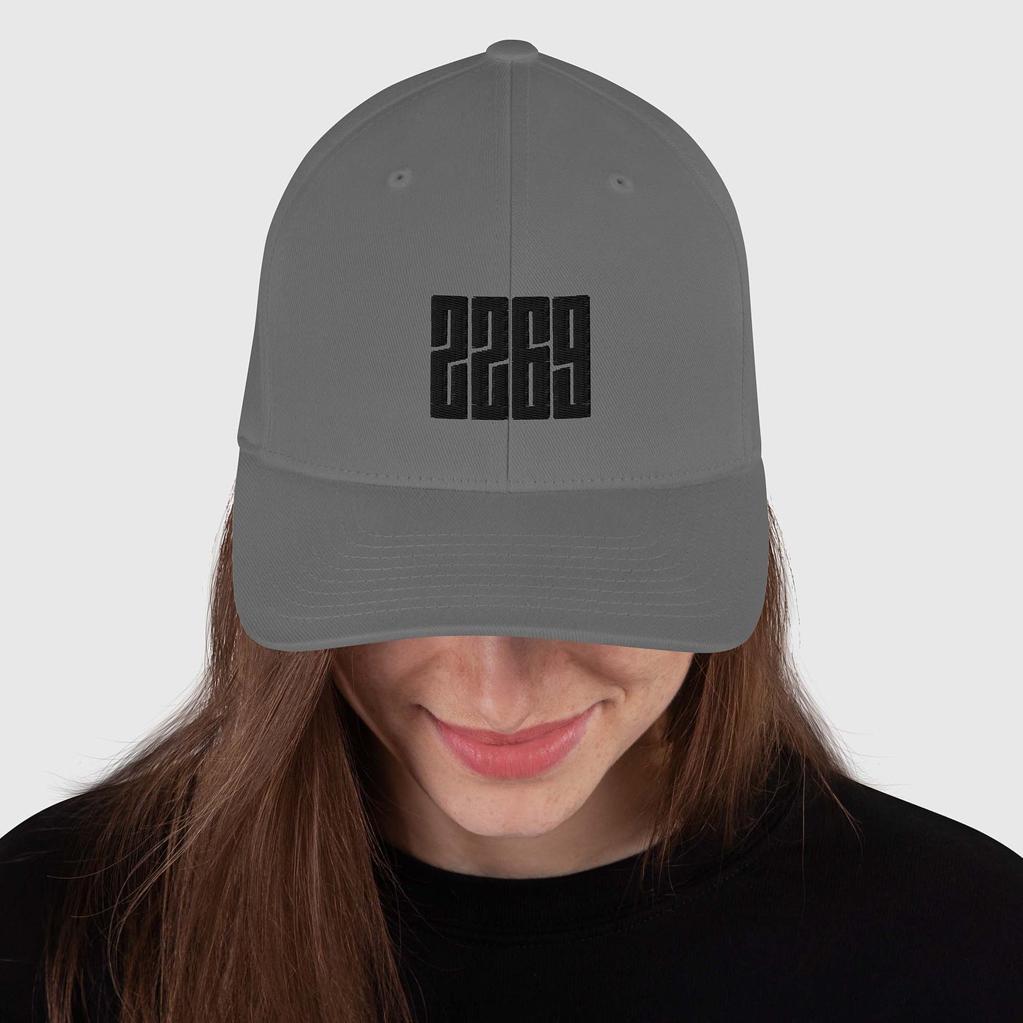 Grey fitted baseball hat with black embroidery front and back
