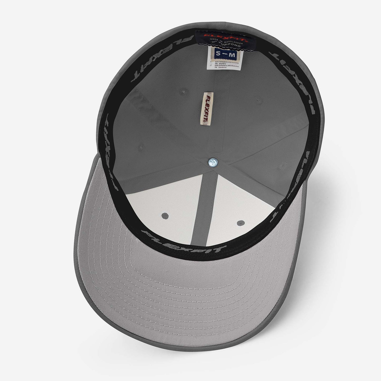 Grey fitted baseball hat with black embroidery front and back