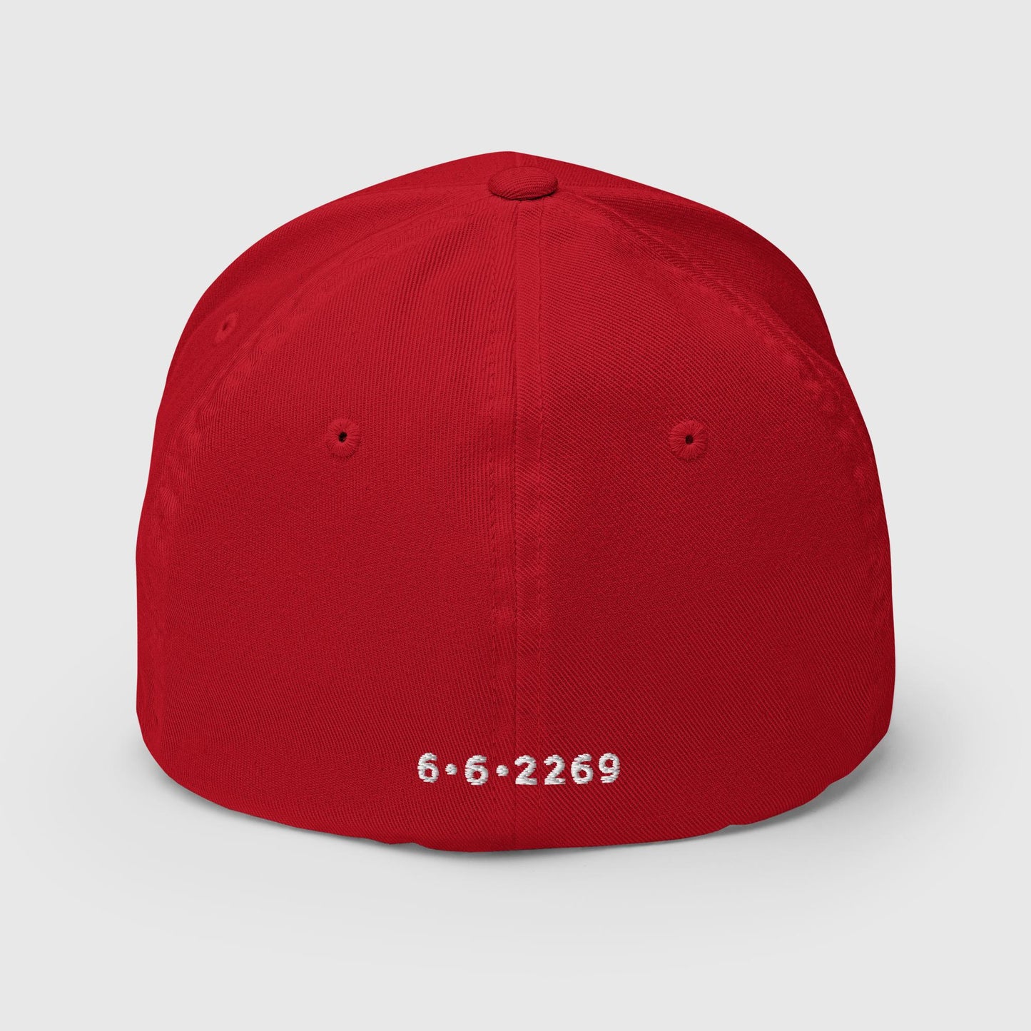 Red fitted baseball hat with white embroidery front and back