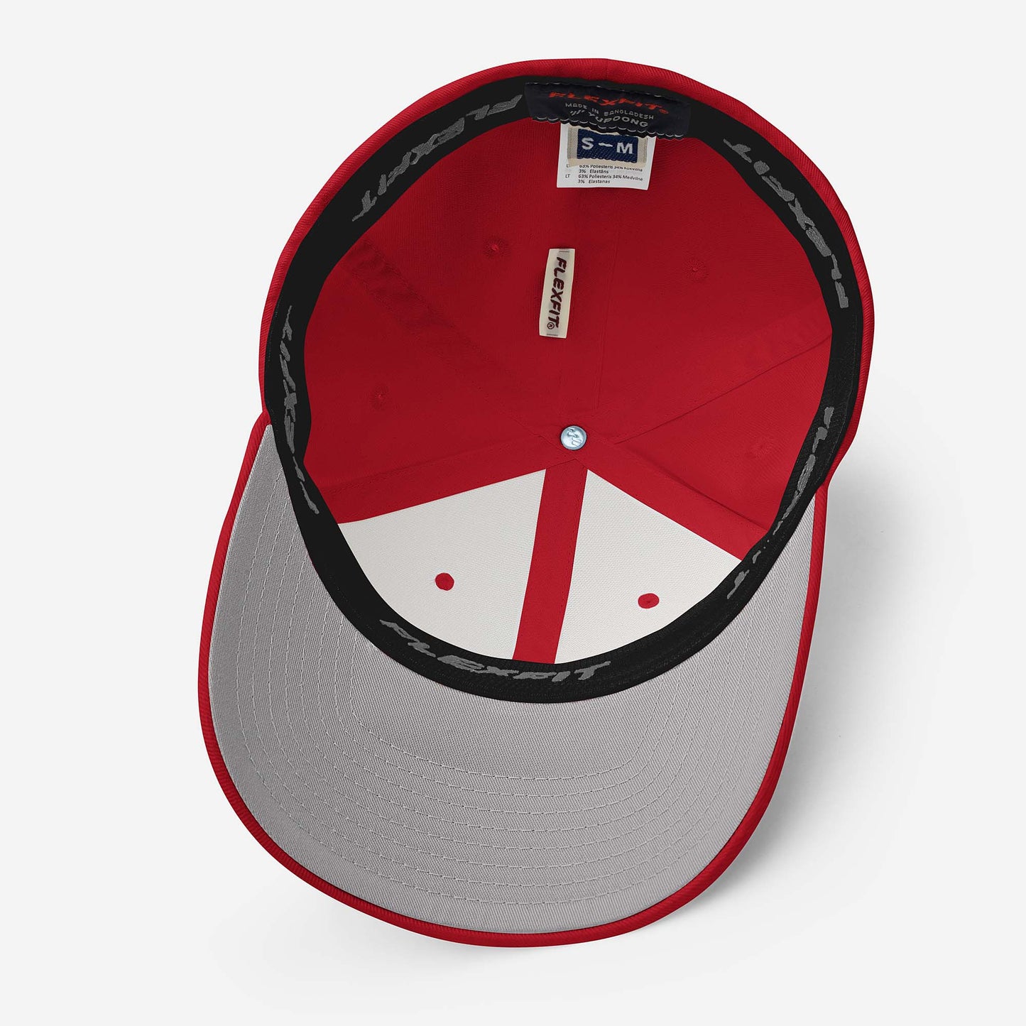 Red fitted baseball hat with white embroidery front and back