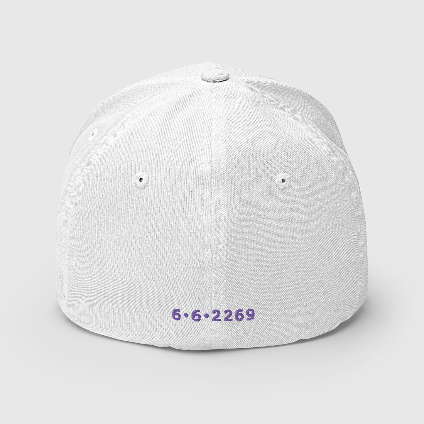 White fitted baseball hat with purple embroidery front and back