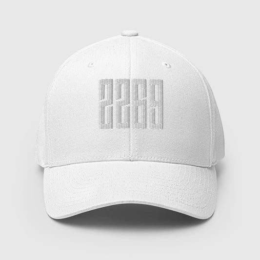 White fitted baseball hat with subtle embroidery front and back