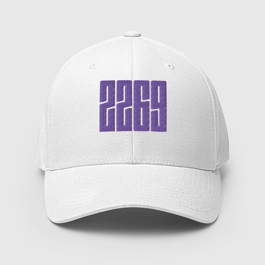 White fitted baseball hat with purple embroidery front and back