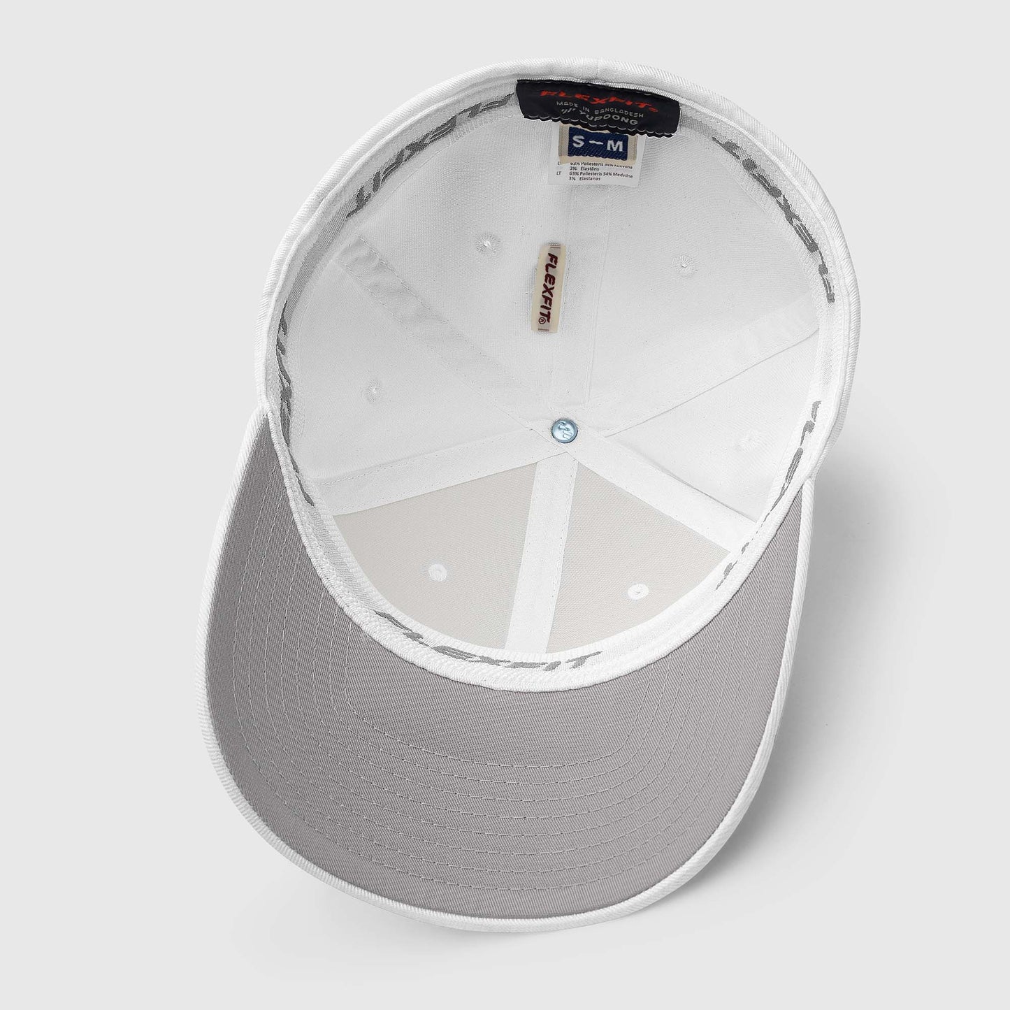 White fitted baseball hat with purple embroidery front and back