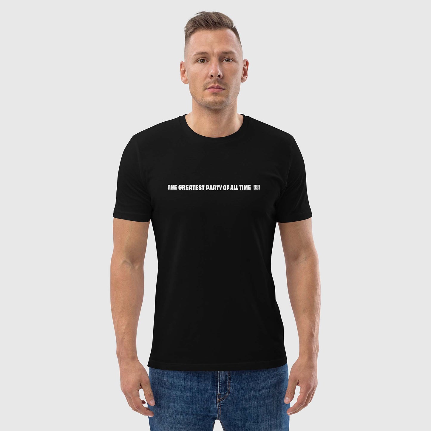 Men's black organic cotton t-shirt with English 2269 party message
