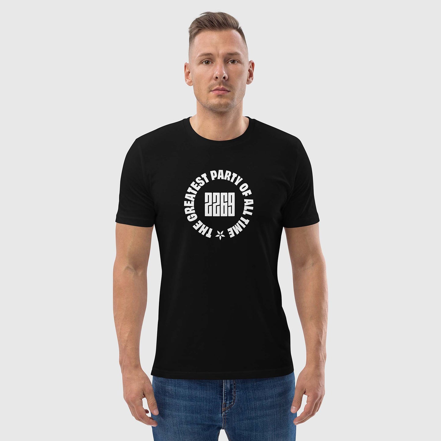 Unisex black organic cotton t-shirt with English 2269 party circle