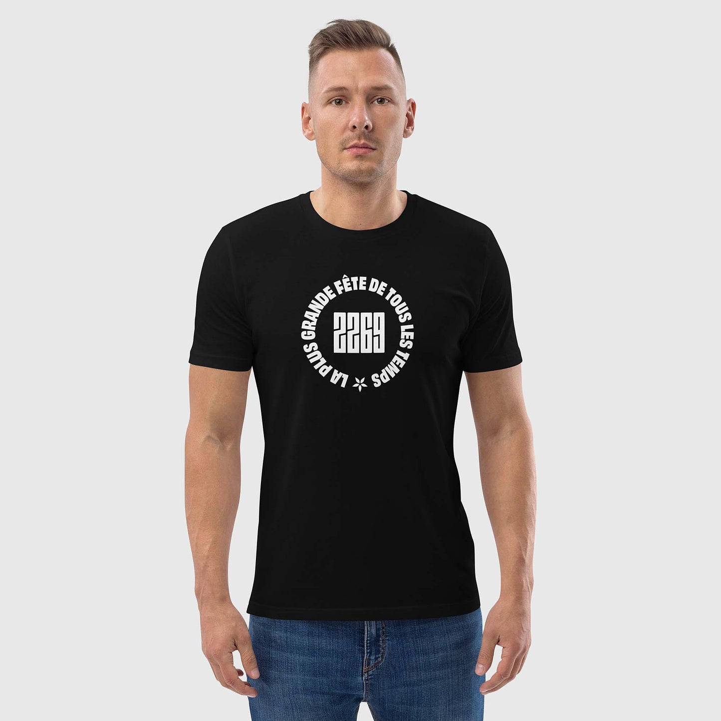 Unisex black organic cotton t-shirt with French 2269 party circle