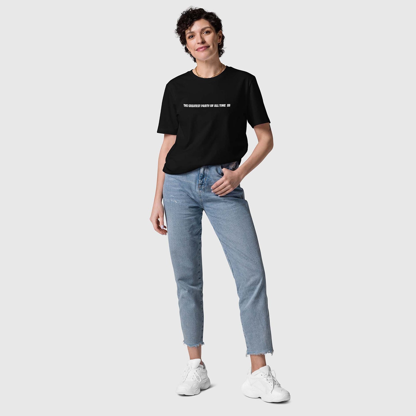 Unisex black organic cotton t-shirt with English 2269 party message