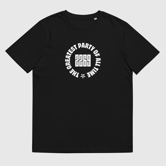Men's black organic cotton t-shirt with English 2269 party circle
