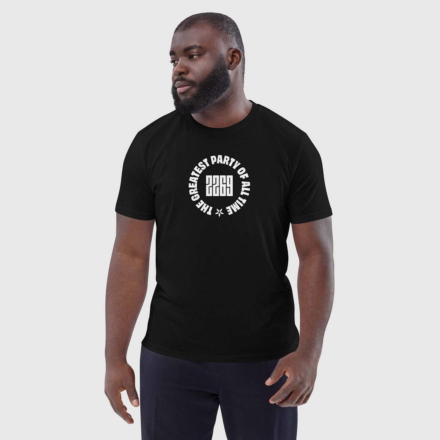 Men's black organic cotton t-shirt with English 2269 party circle