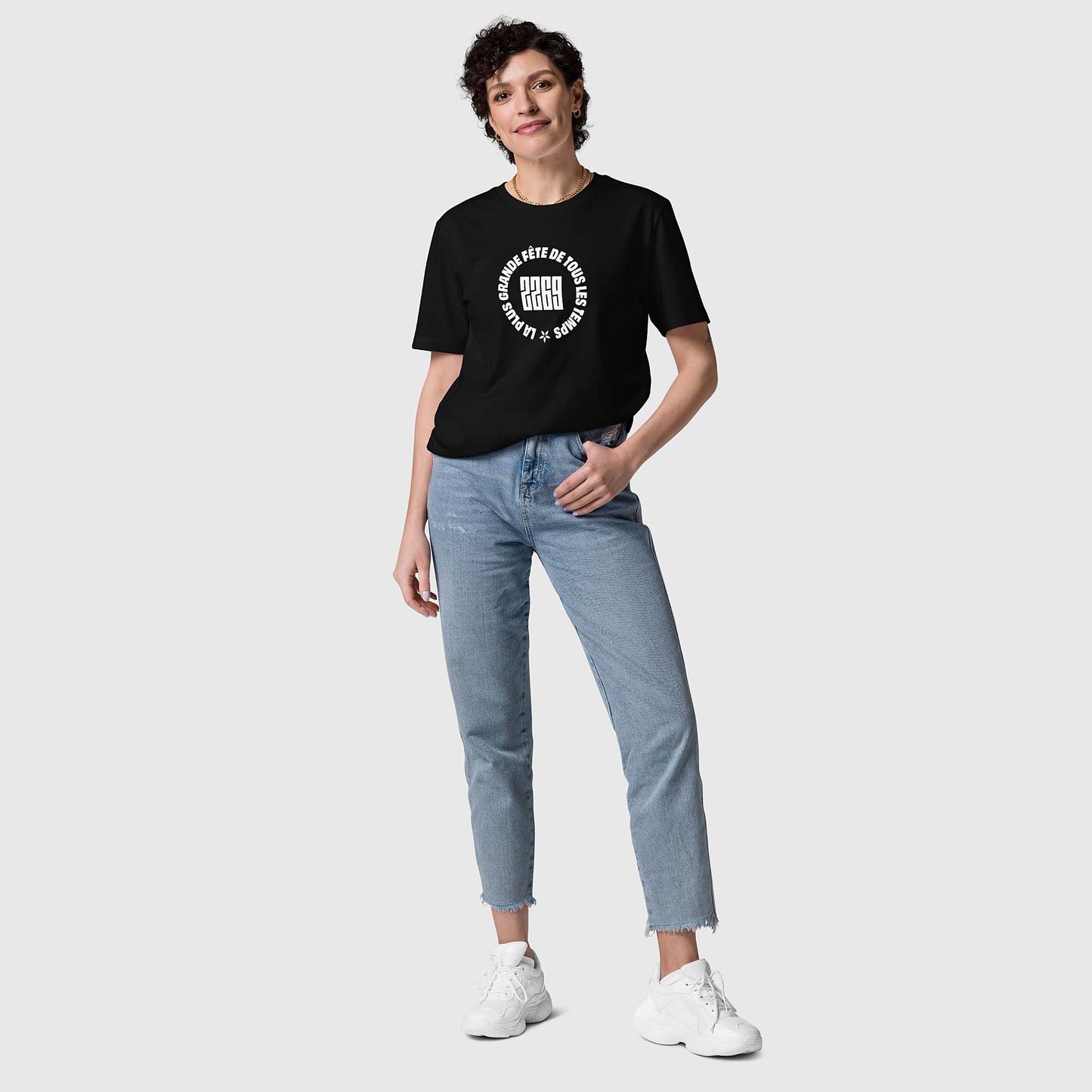 Unisex black organic cotton t-shirt with French 2269 party circle