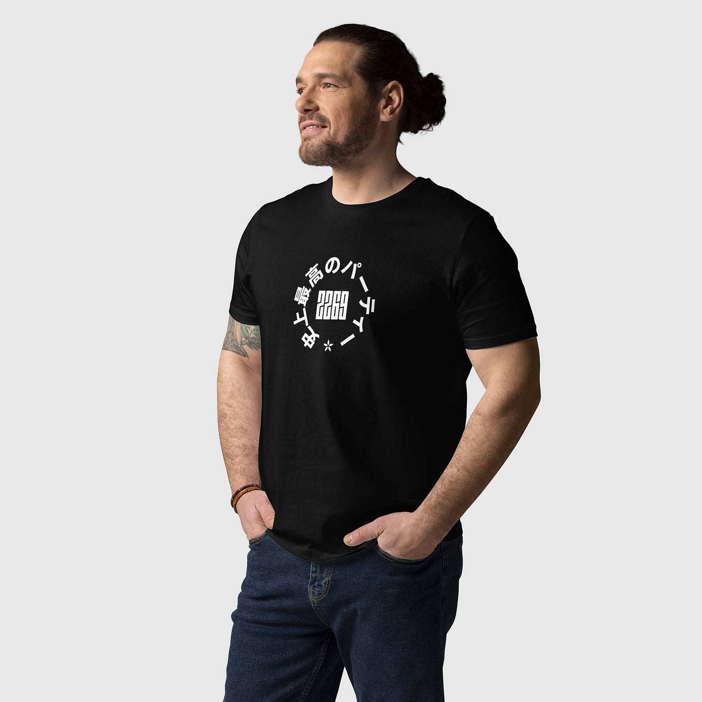 Men's black organic cotton t-shirt with Japanese 2269 party circle