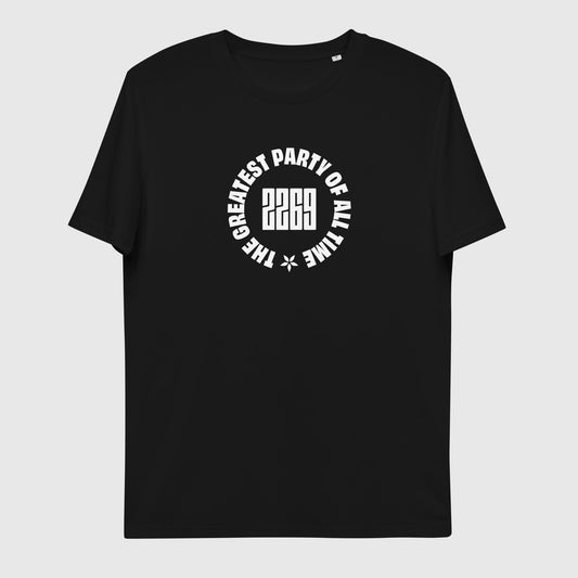 Unisex black organic cotton t-shirt with English 2269 party circle