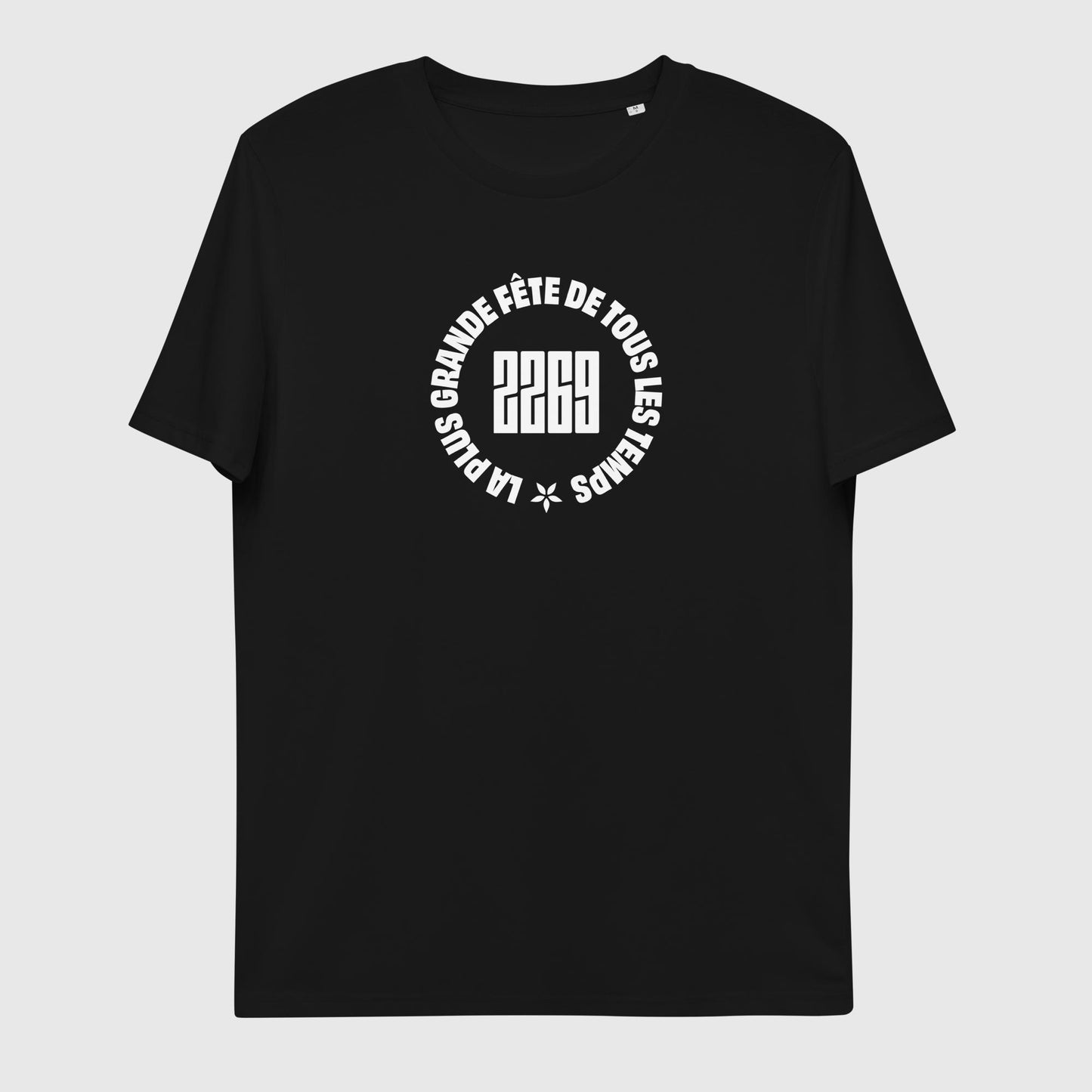 Unisex black organic cotton t-shirt with French 2269 party circle