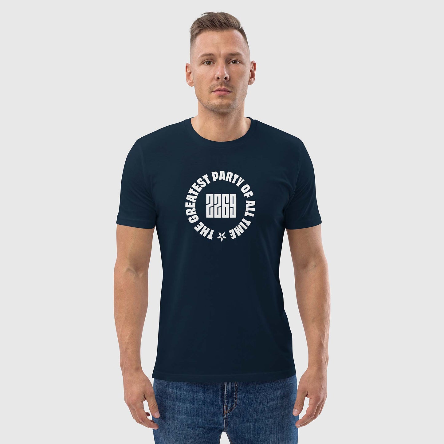 Unisex navy organic cotton t-shirt with English 2269 party circle