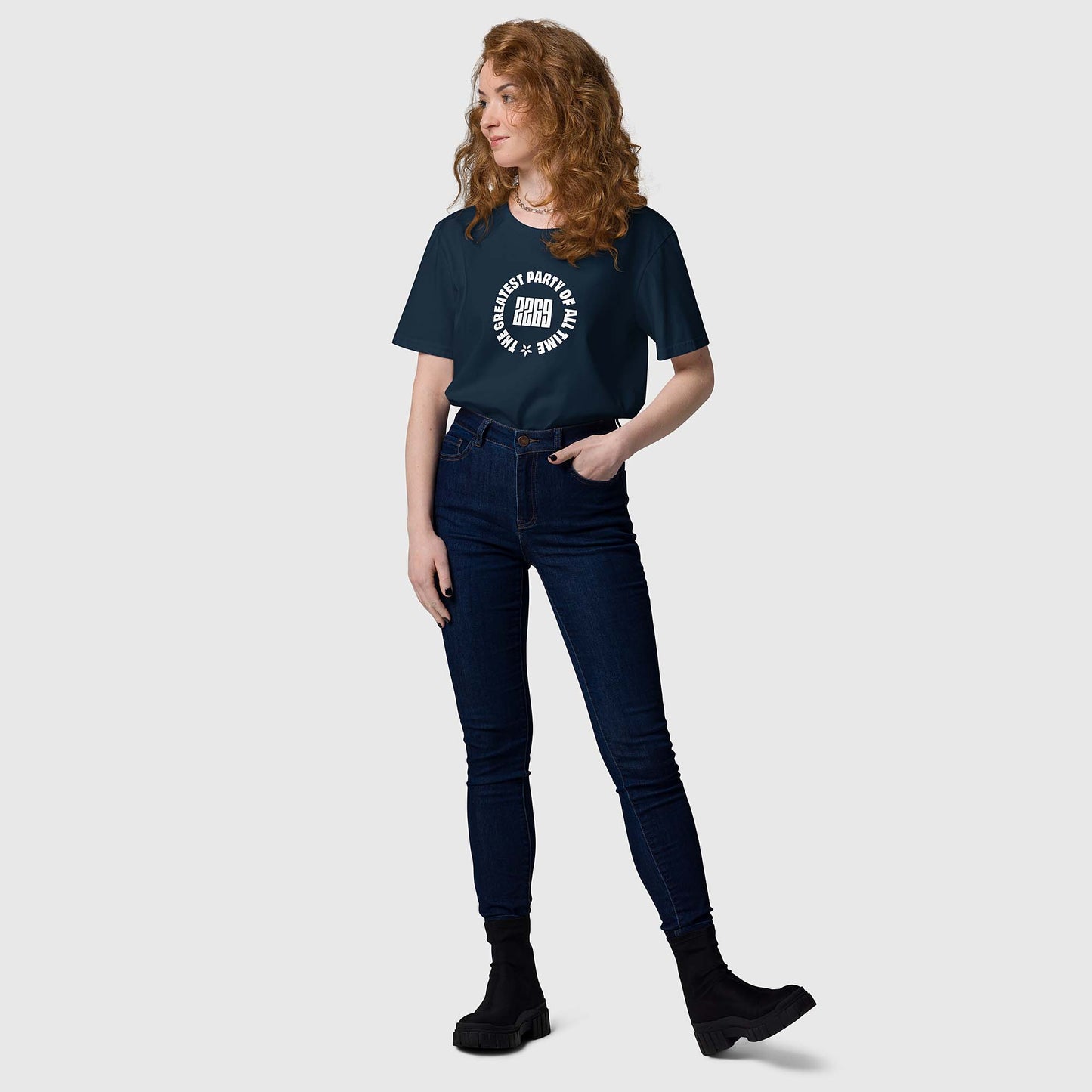 Unisex navy organic cotton t-shirt with English 2269 party circle