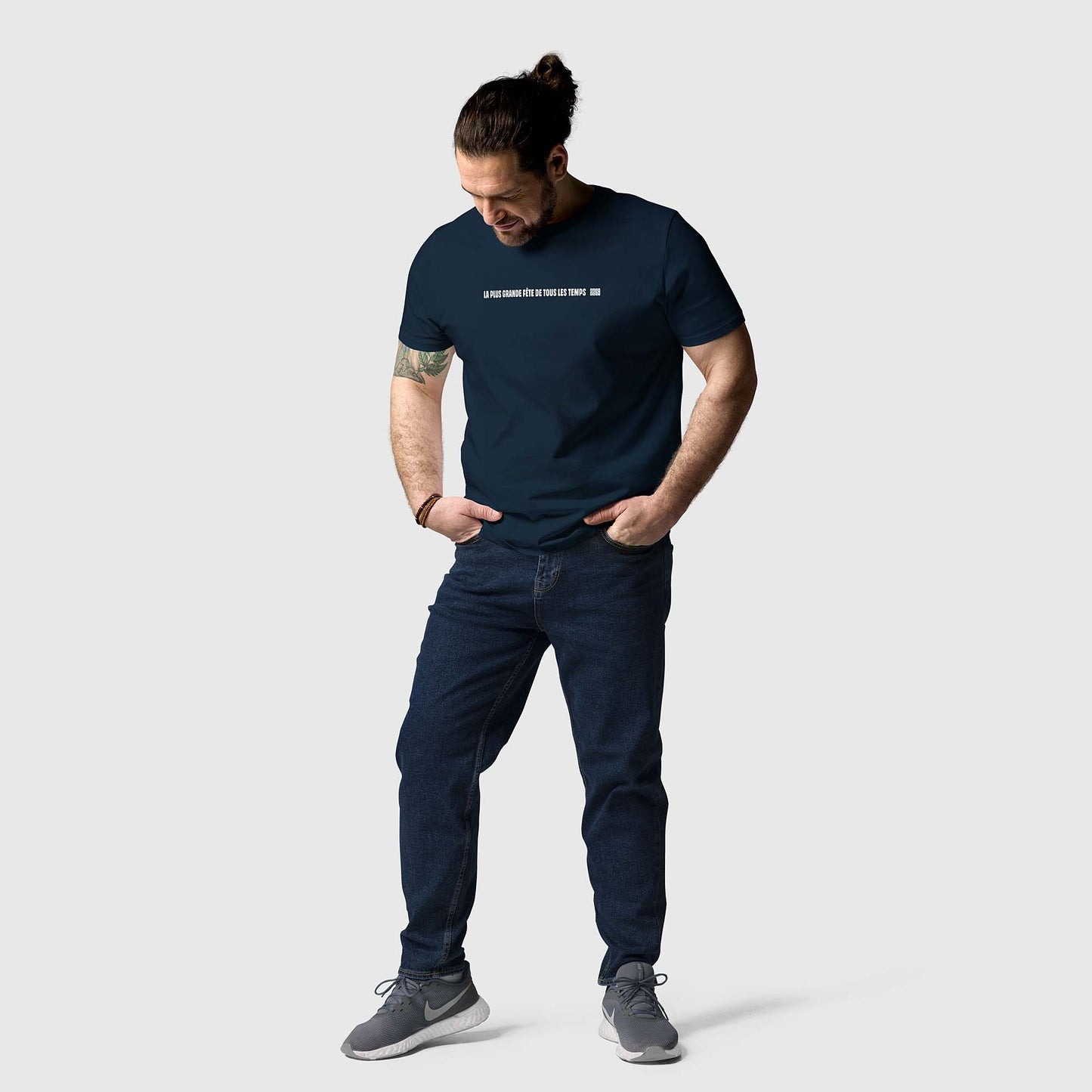 Unisex navy organic cotton t-shirt with French 2269 party line