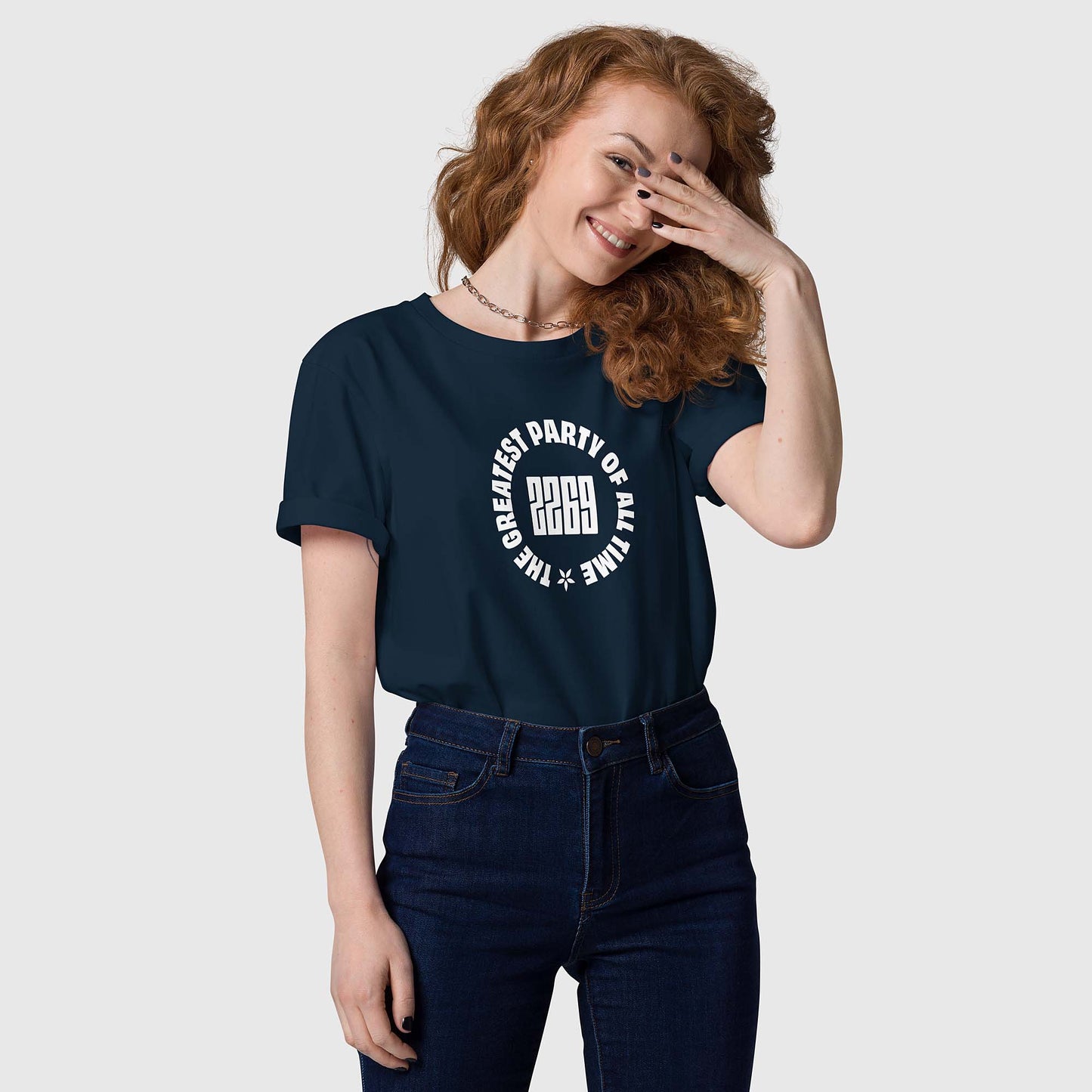 Unisex navy organic cotton t-shirt with English 2269 party circle