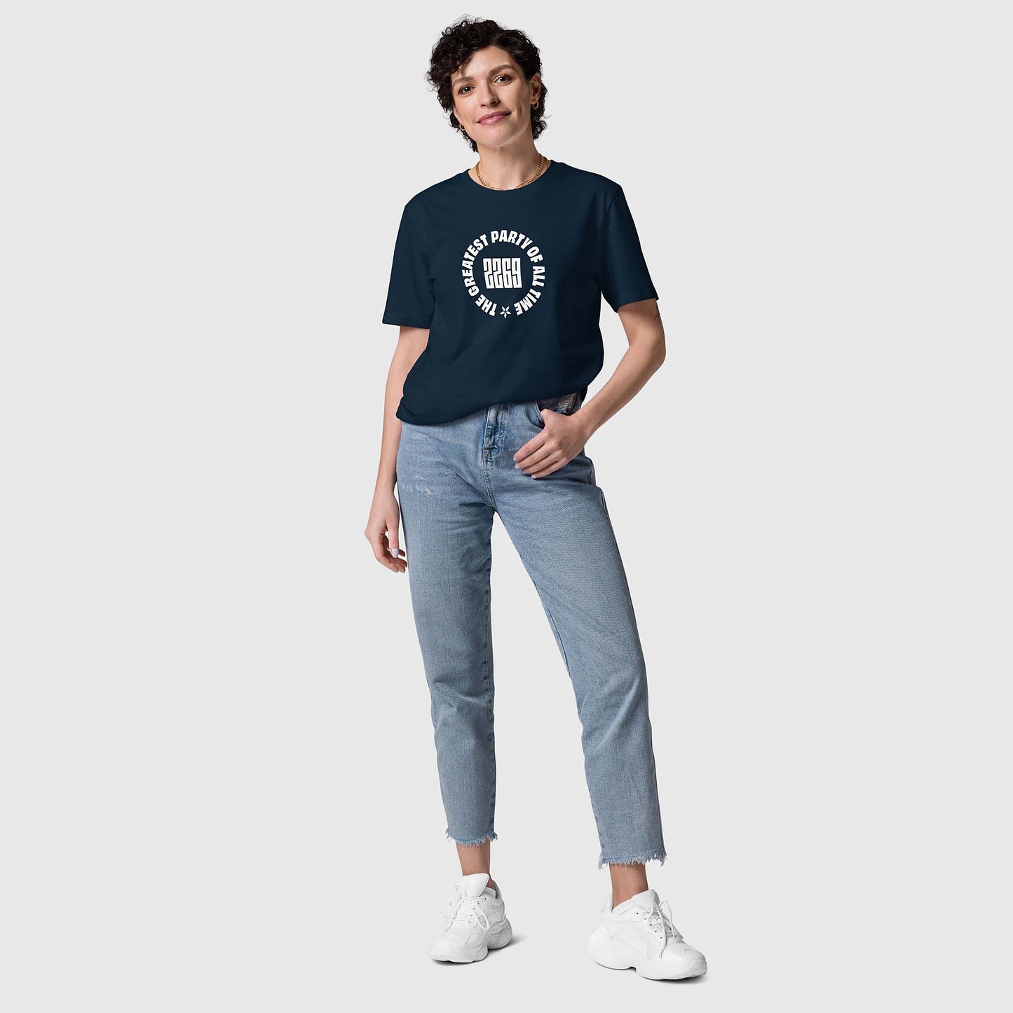 Unisex navy organic cotton t-shirt with English 2269 party circle