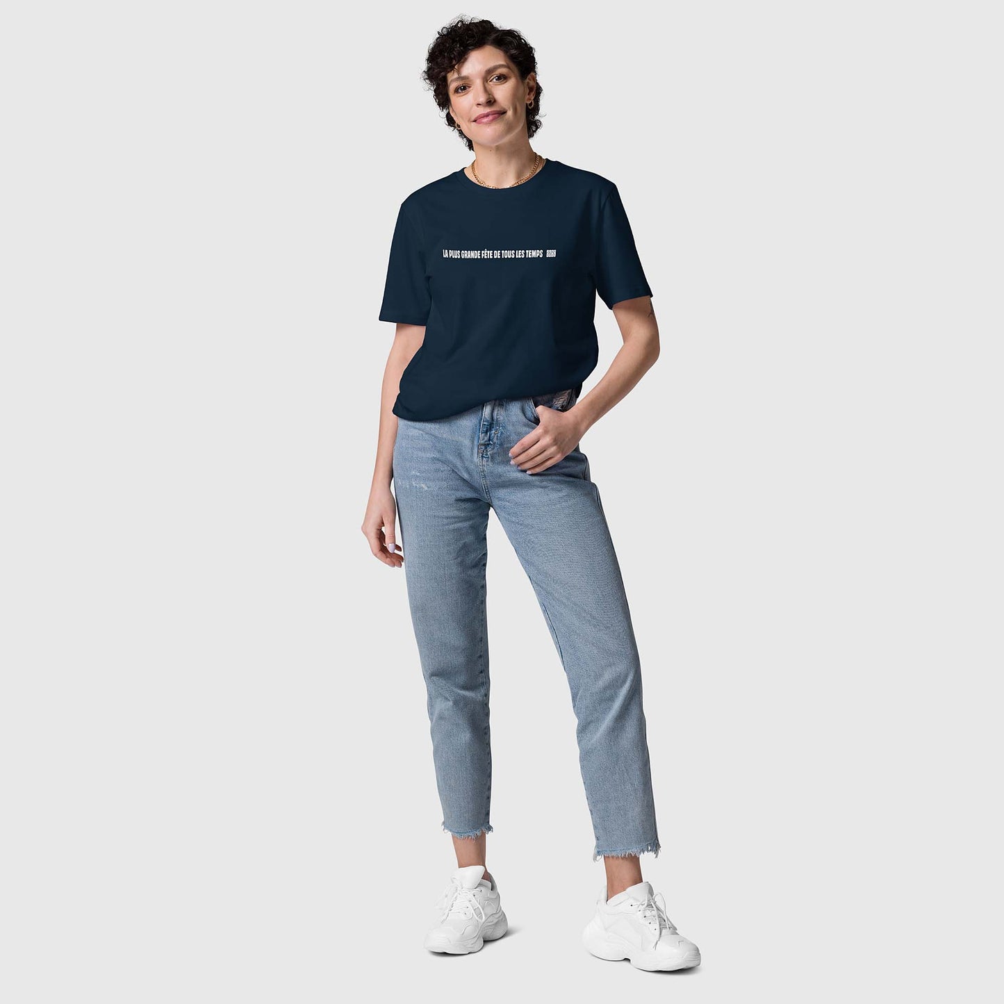Unisex navy organic cotton t-shirt with French 2269 party line