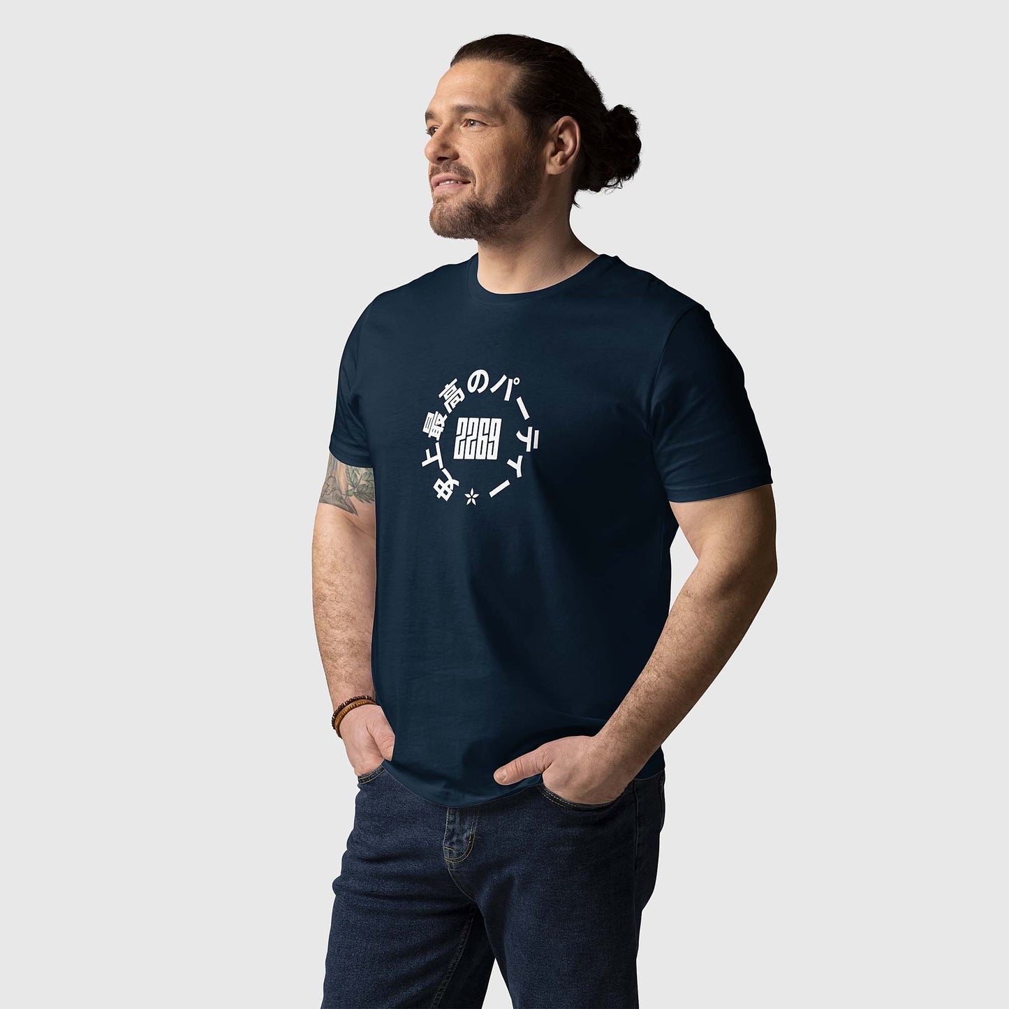 Men's navy organic cotton t-shirt with Japanese 2269 party circle