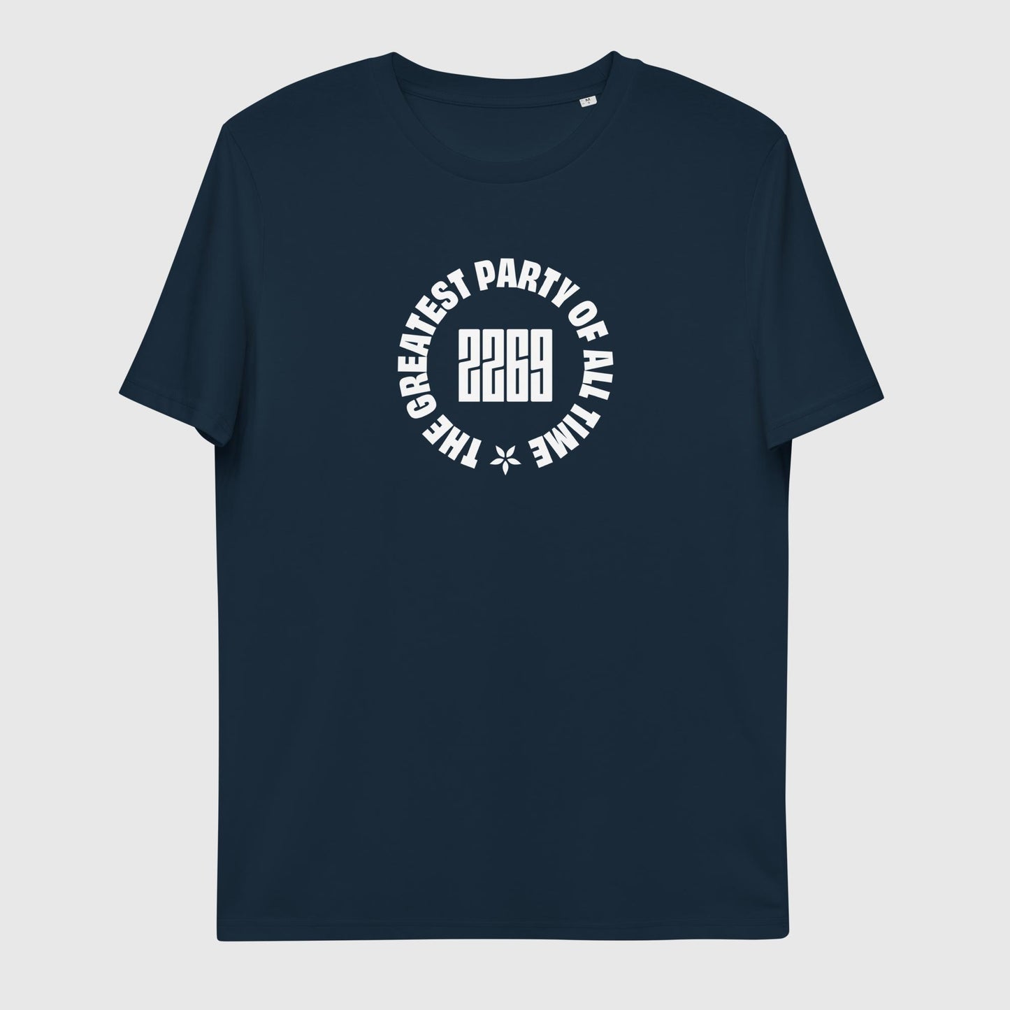 Unisex navy organic cotton t-shirt with English 2269 party circle