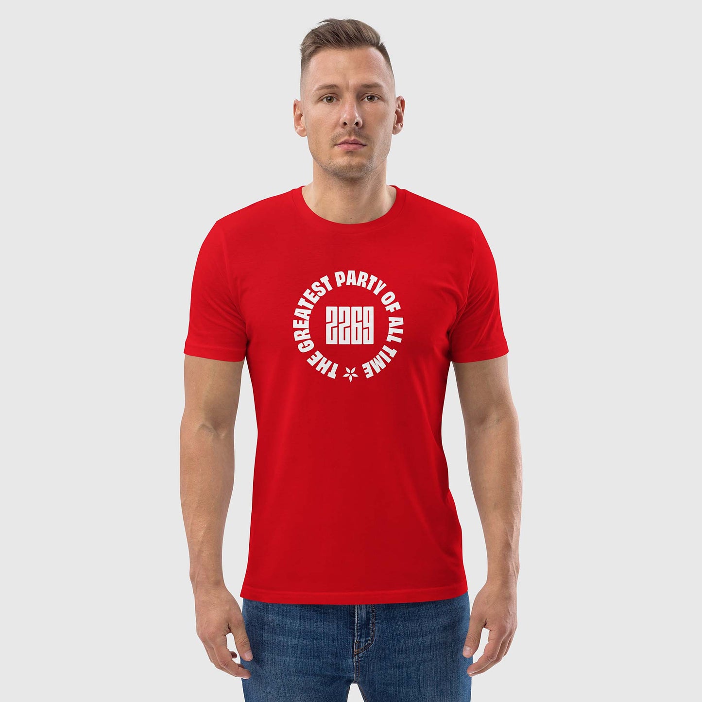 Men's red organic cotton t-shirt with English 2269 party circle