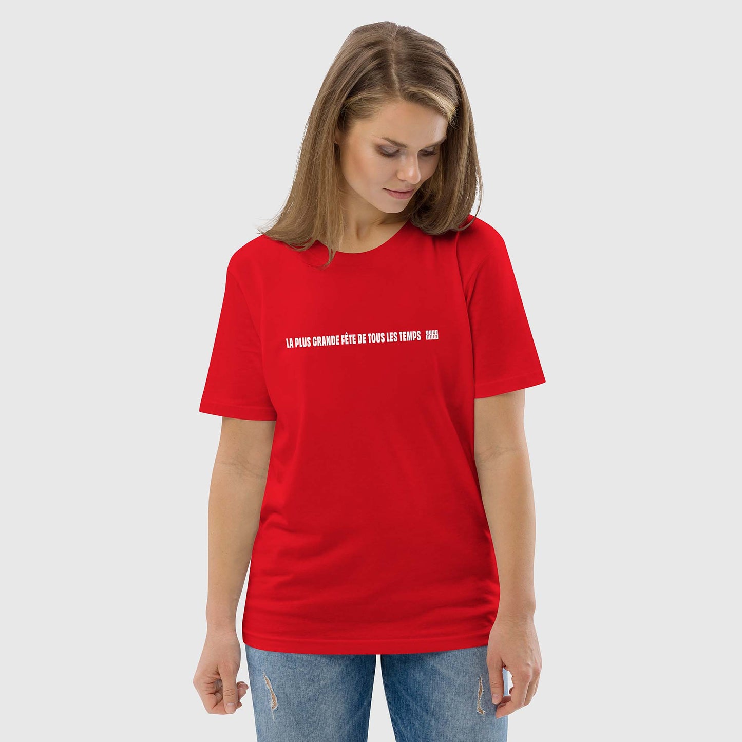 Unisex red organic cotton t-shirt with French 2269 party line