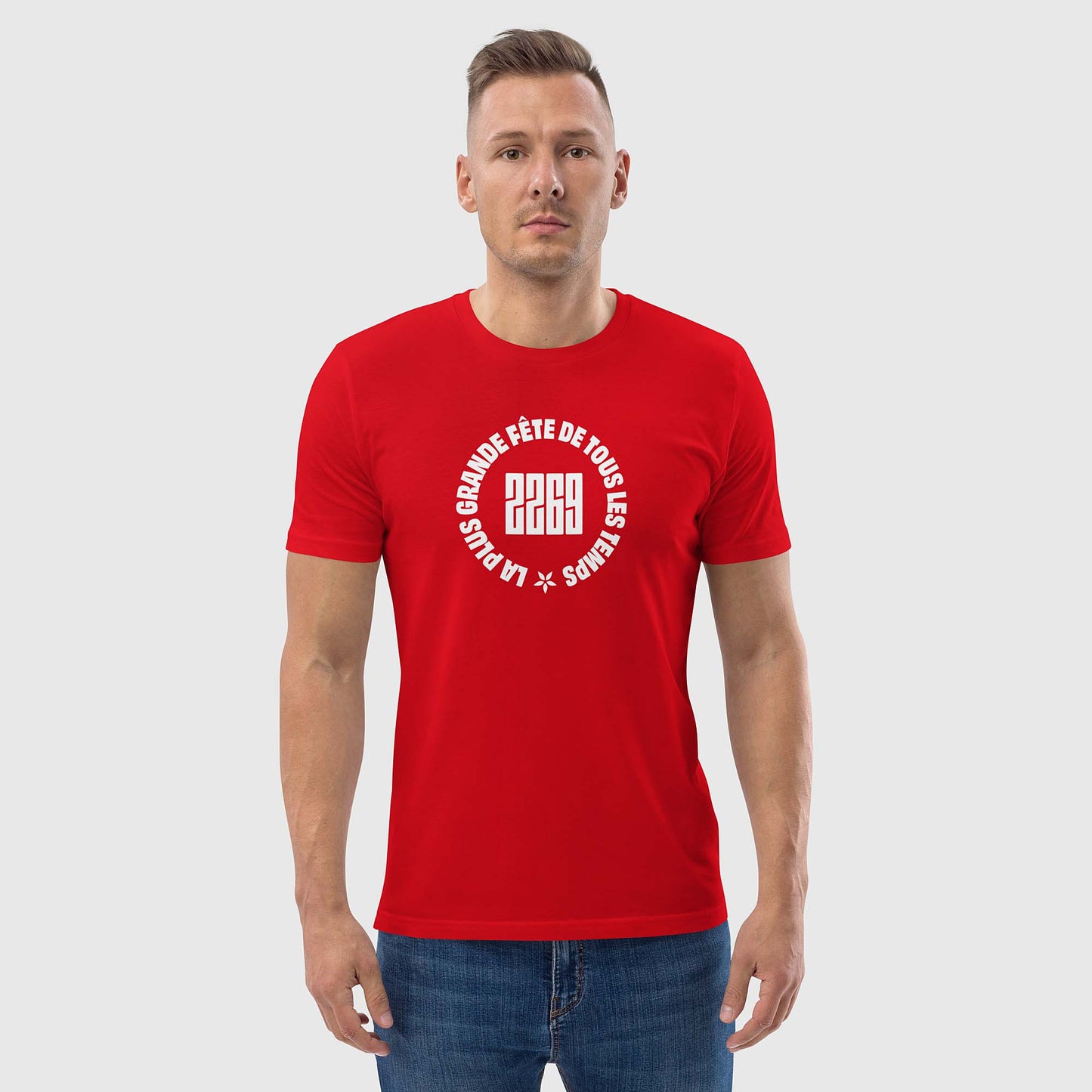 Unisex red organic cotton t-shirt with French 2269 party circle