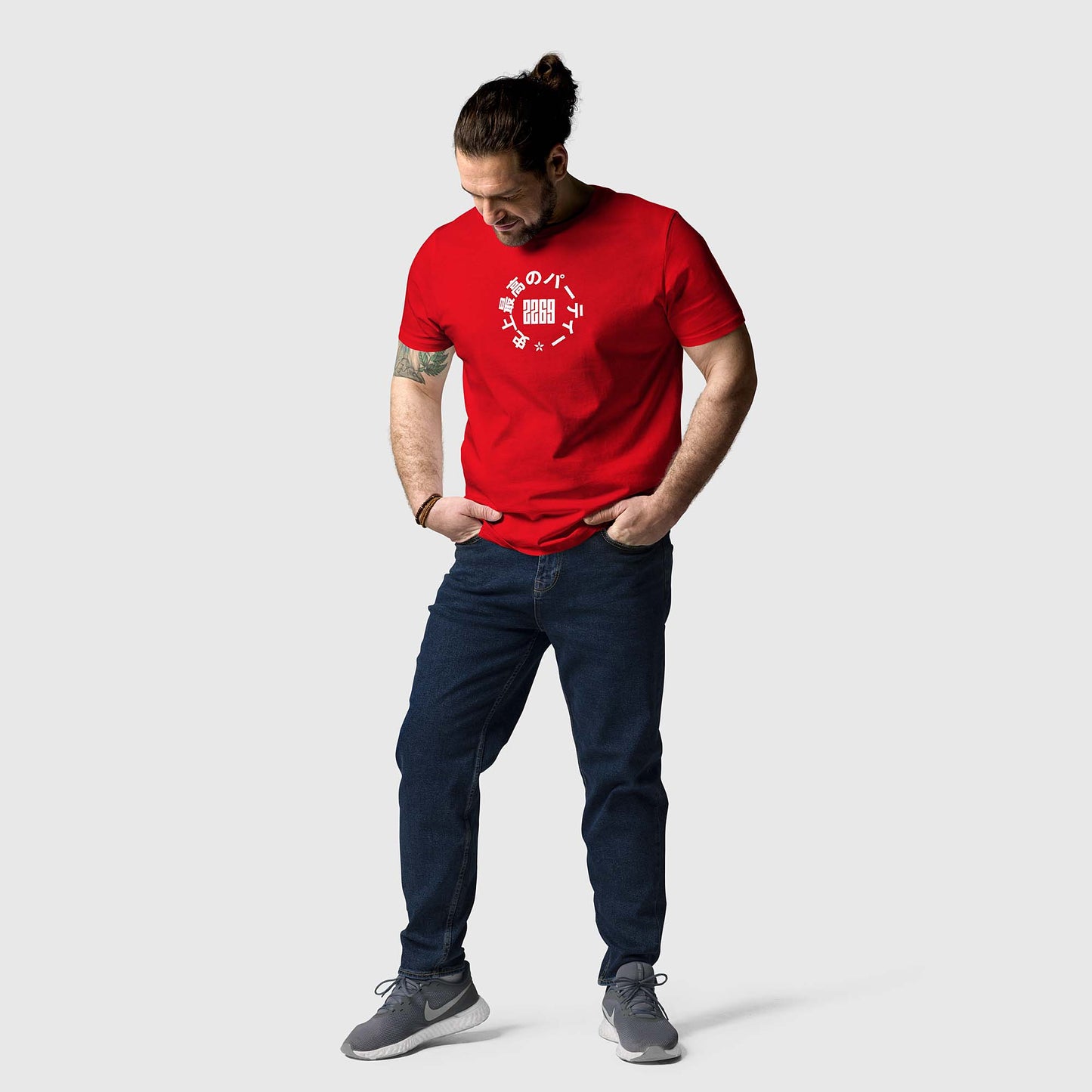 Men's red organic cotton t-shirt with Japanese 2269 party circle