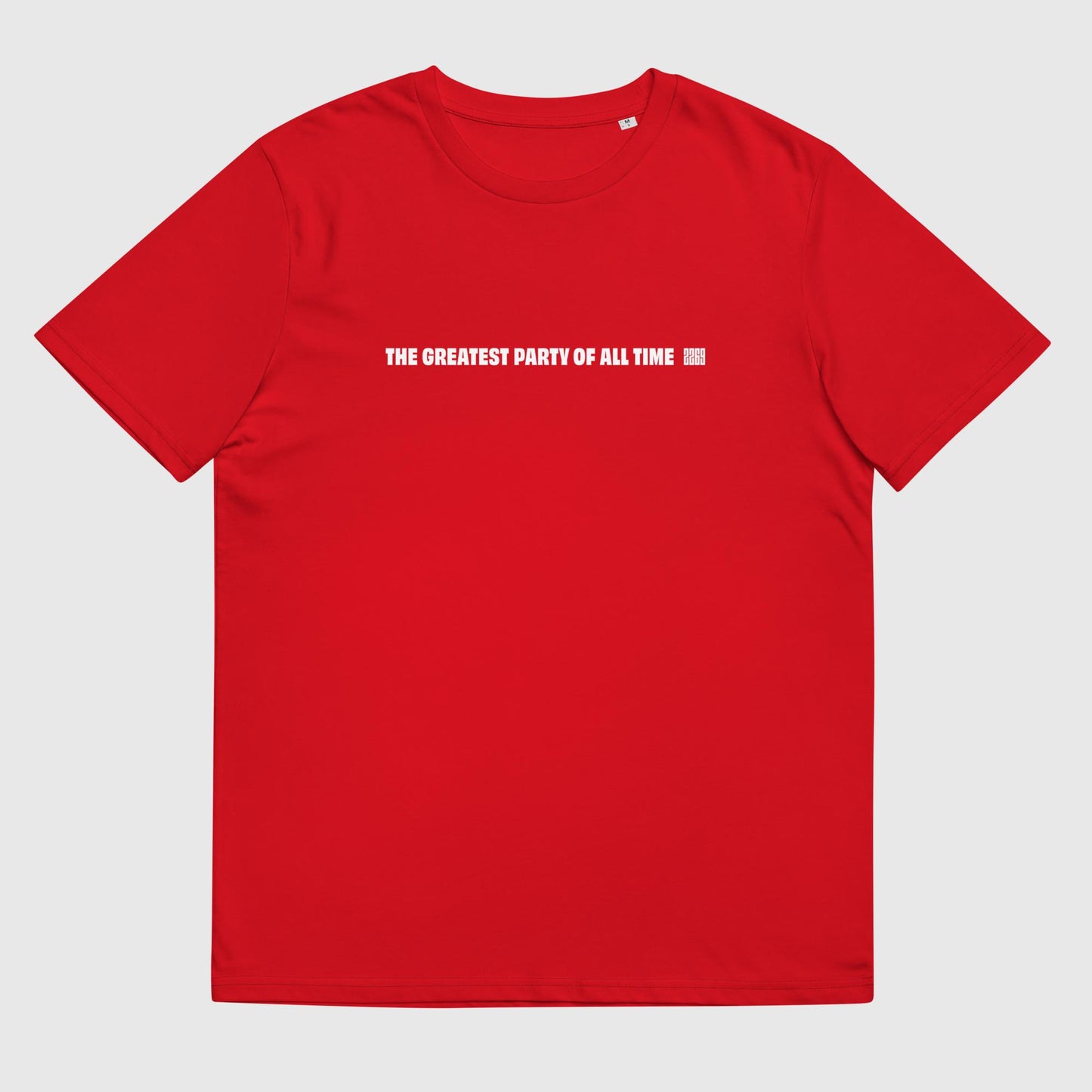 Men's red organic cotton t-shirt with English 2269 party message