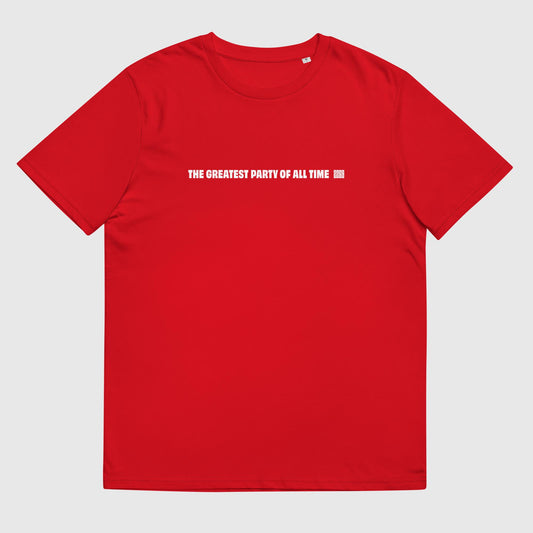 Men's red organic cotton t-shirt with English 2269 party message