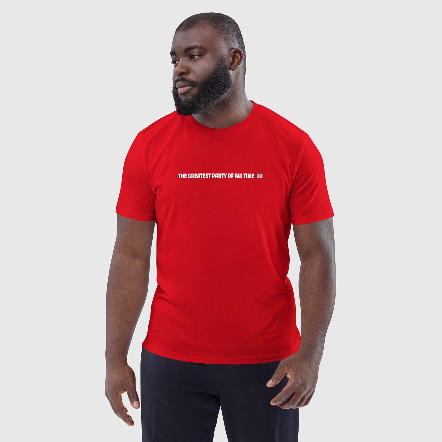 Men's red organic cotton t-shirt with English 2269 party message