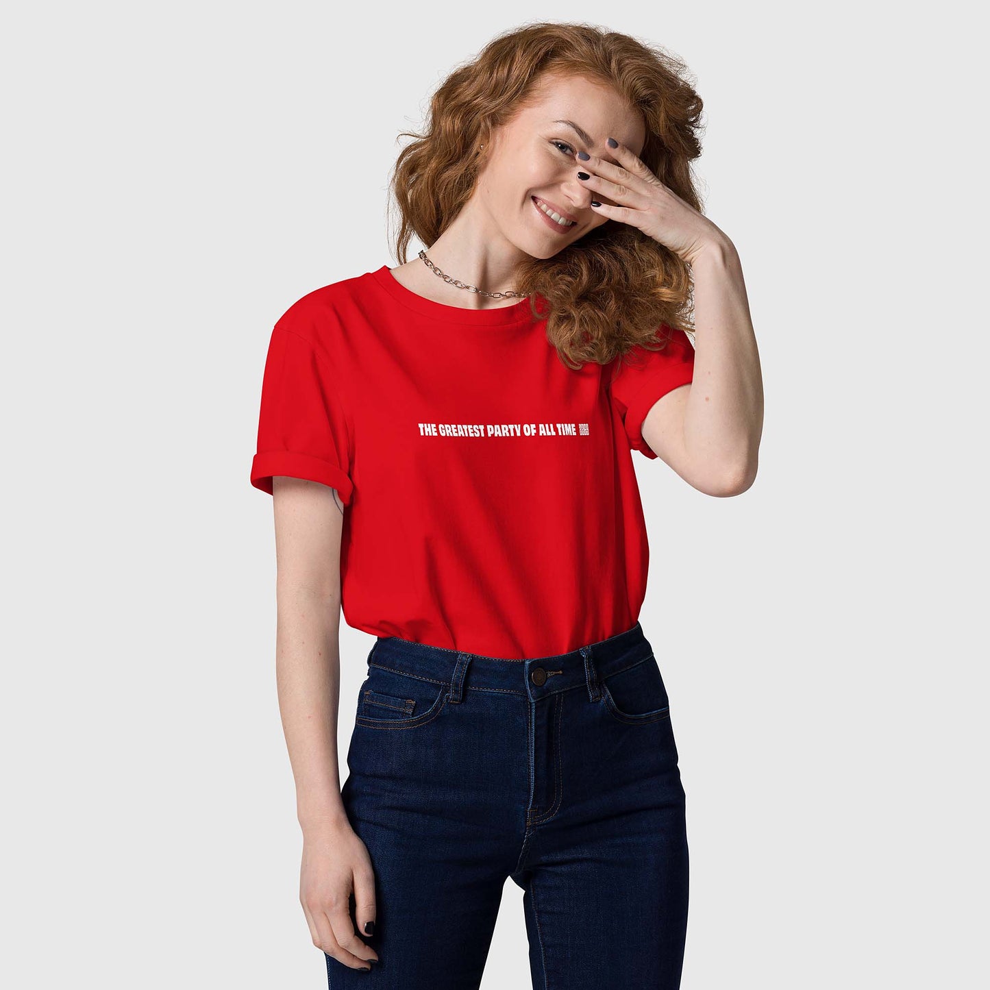 Unisex red organic cotton t-shirt with English 2269 party message