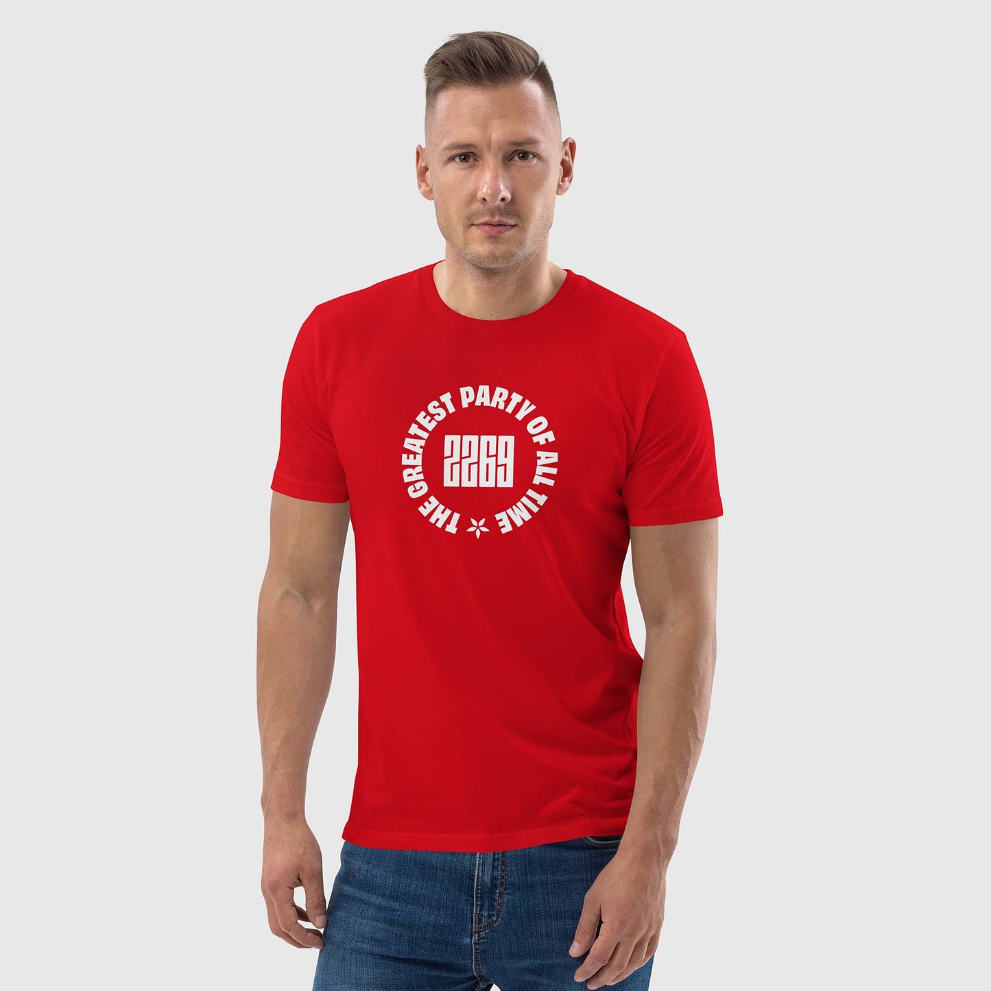 Men's red organic cotton t-shirt with English 2269 party circle