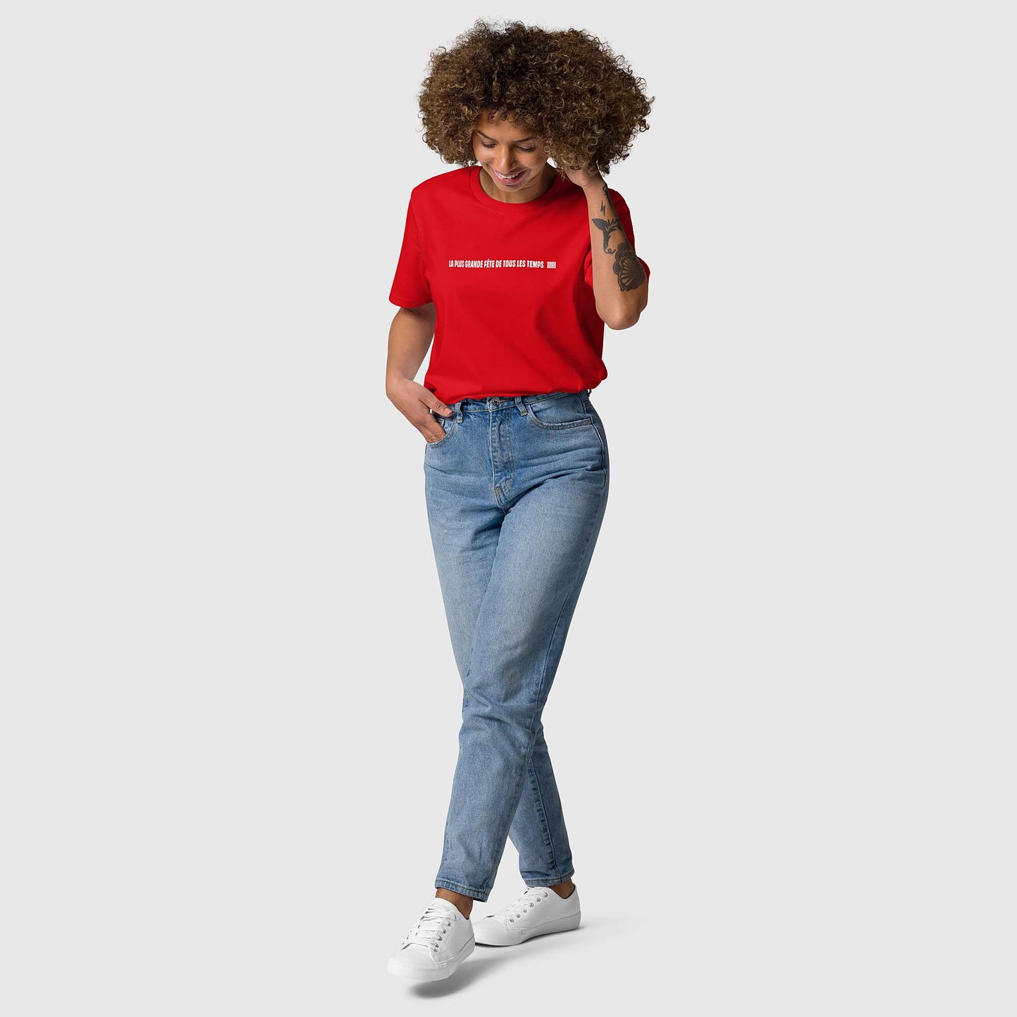 Unisex red organic cotton t-shirt with French 2269 party line