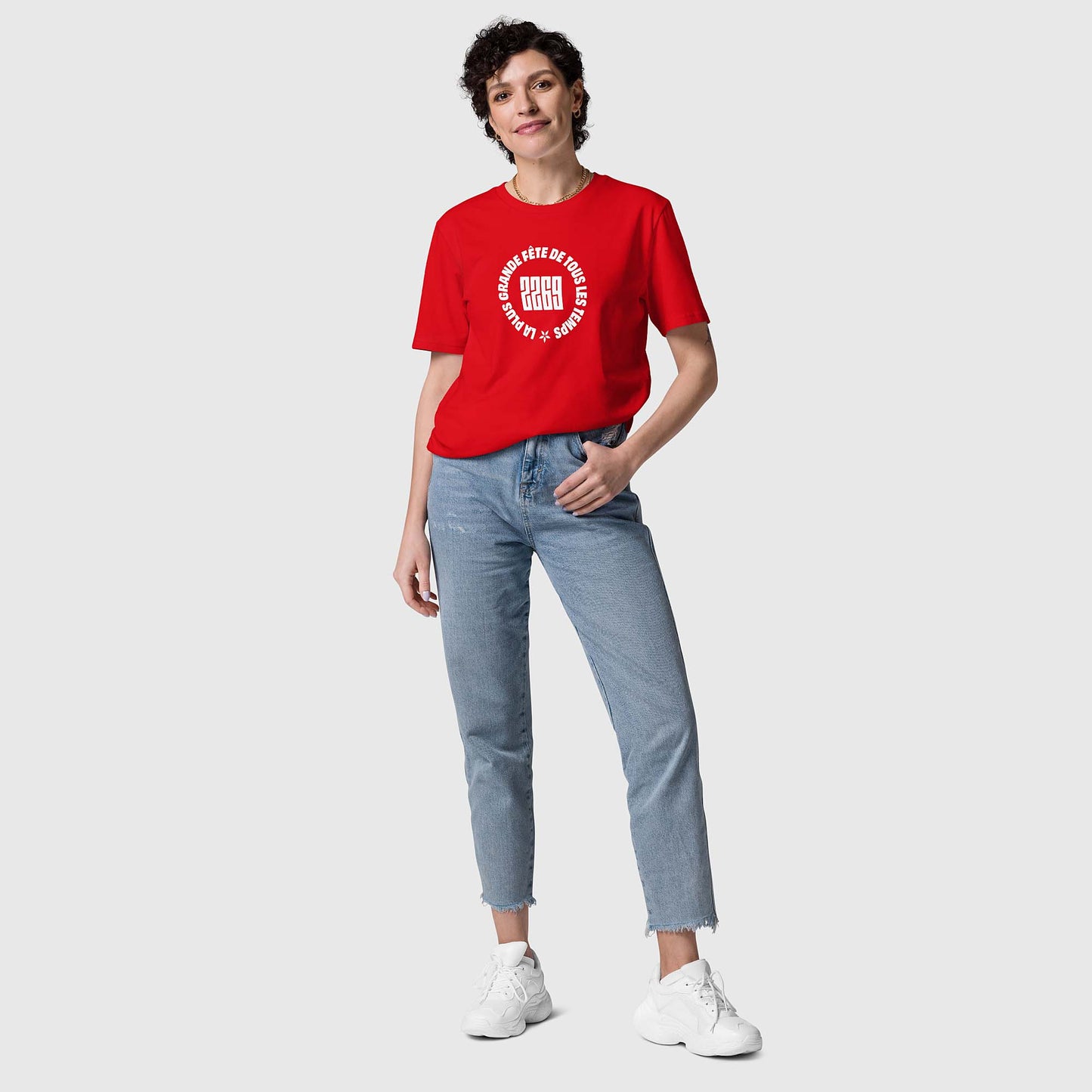 Unisex red organic cotton t-shirt with French 2269 party circle
