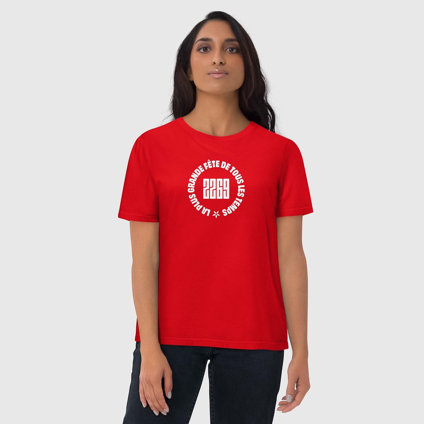 Unisex red organic cotton t-shirt with French 2269 party circle
