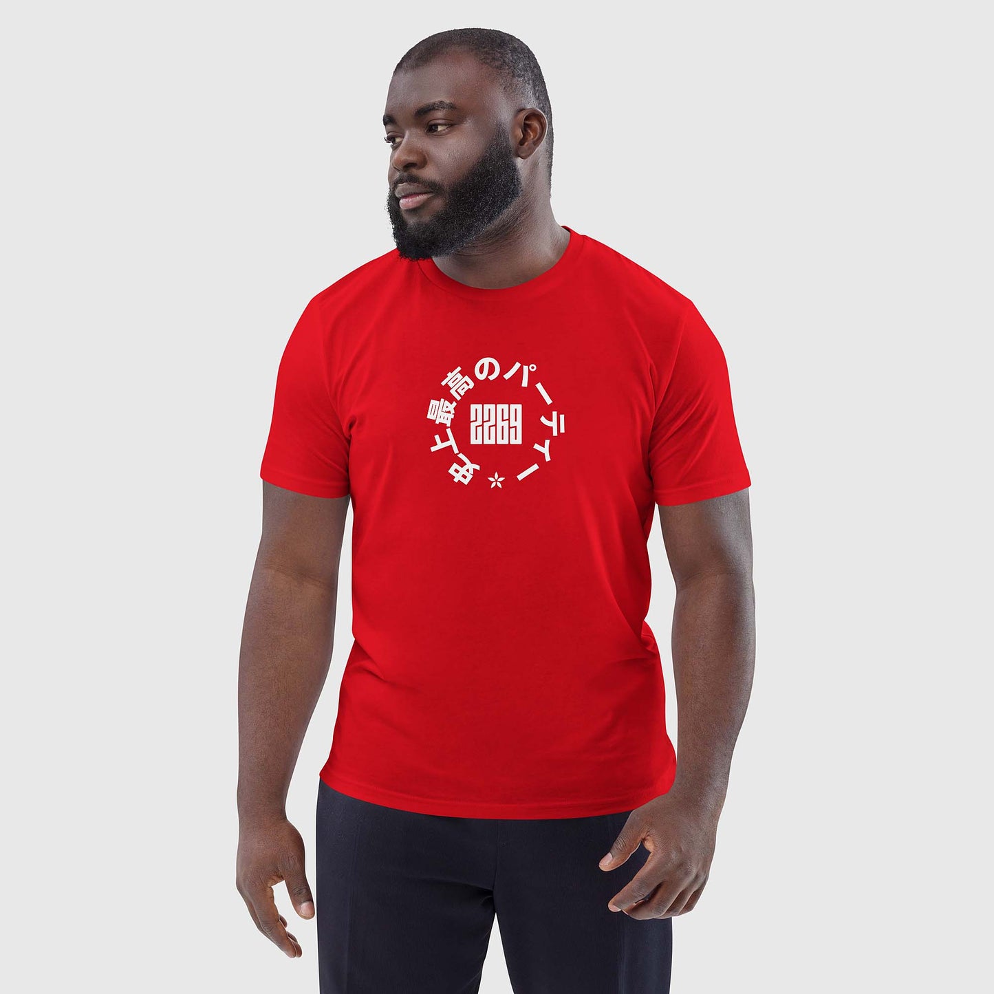 Men's red organic cotton t-shirt with Japanese 2269 party circle
