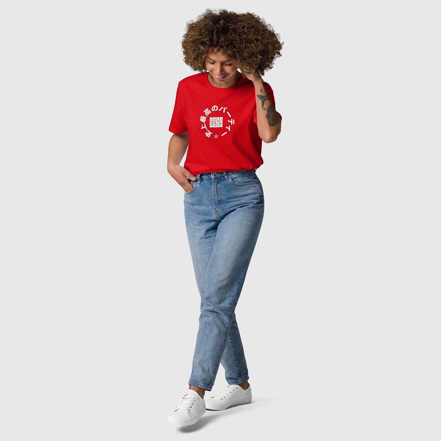 Unisex red organic cotton t-shirt with Japanese 2269 party circle