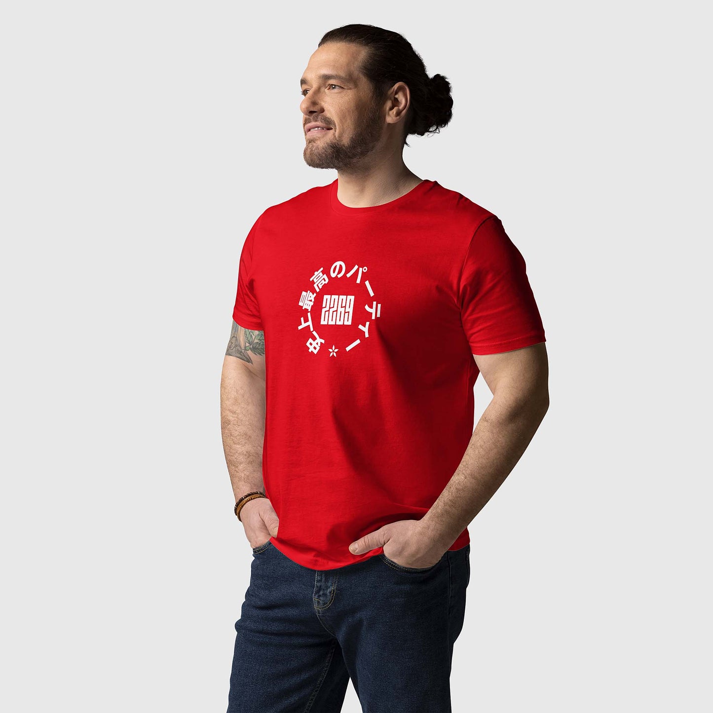 Men's red organic cotton t-shirt with Japanese 2269 party circle