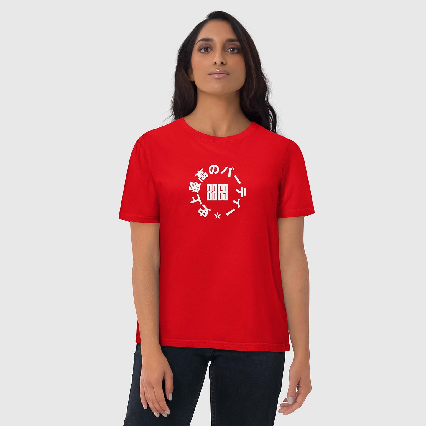 Unisex red organic cotton t-shirt with Japanese 2269 party circle