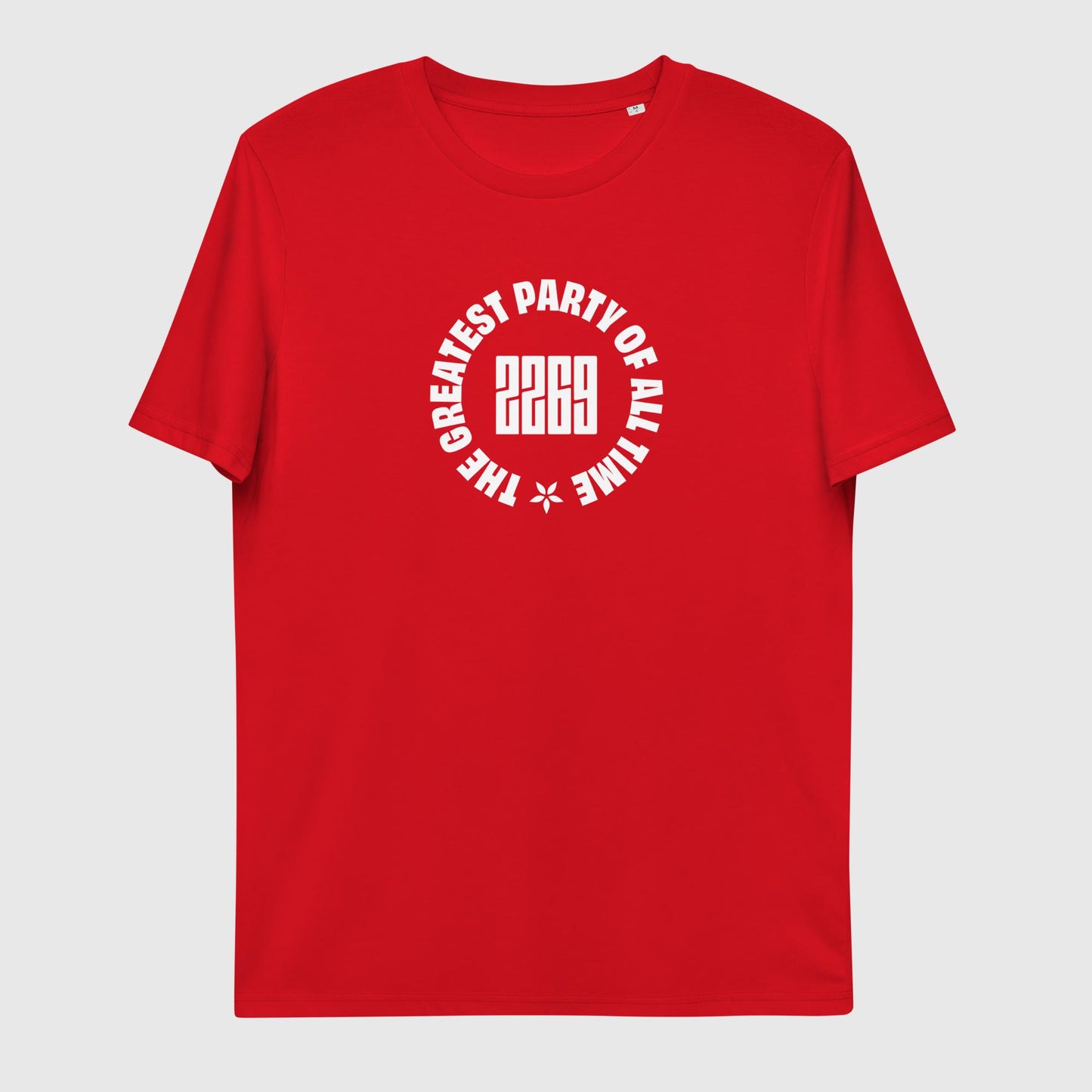 Unisex red organic cotton t-shirt with English 2269 party circle