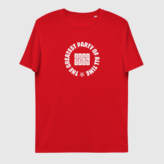 Unisex red organic cotton t-shirt with English 2269 party circle