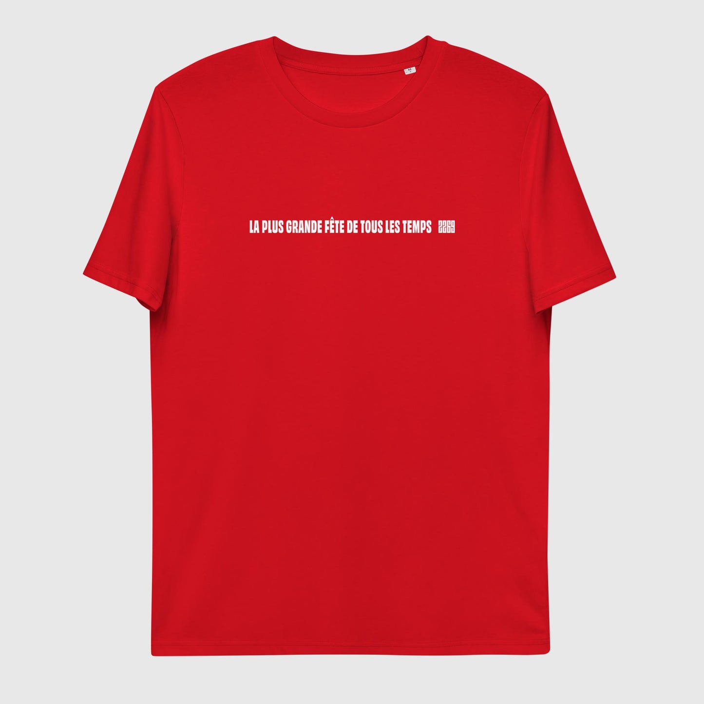 Unisex red organic cotton t-shirt with French 2269 party line