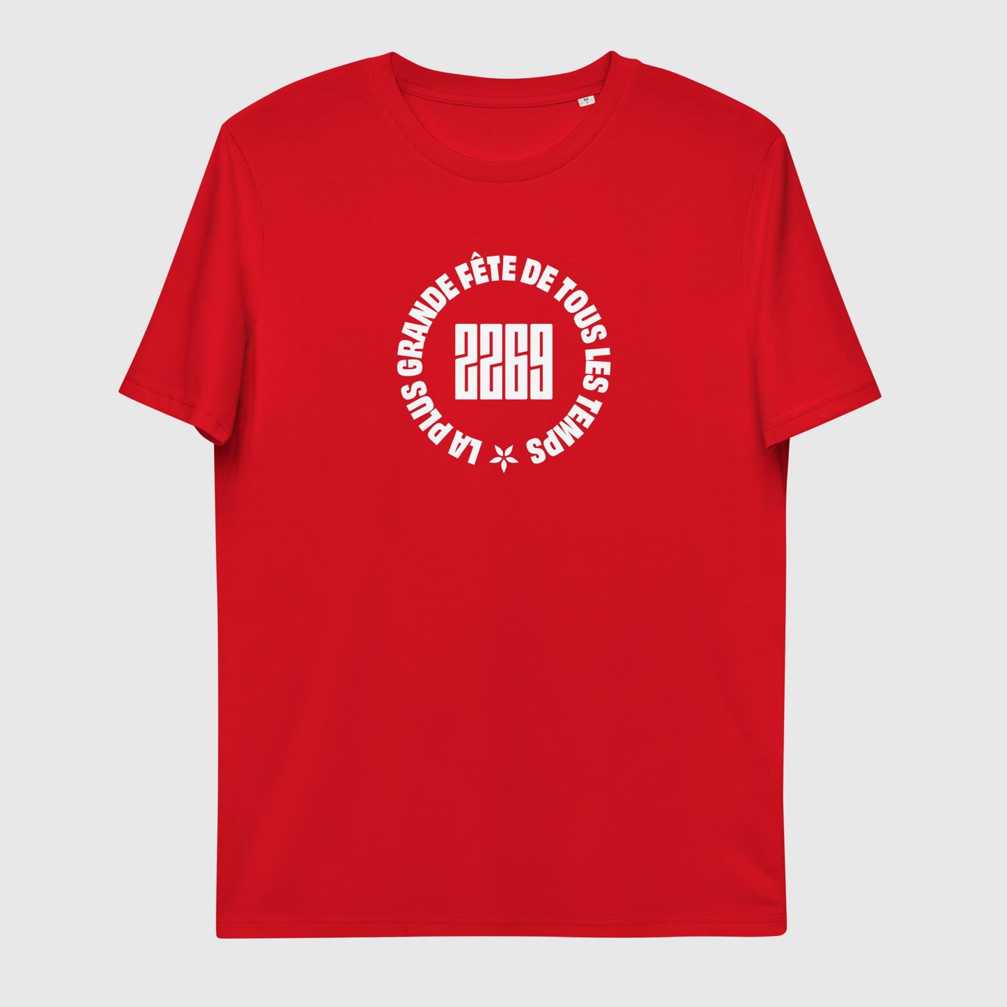 Unisex red organic cotton t-shirt with French 2269 party circle