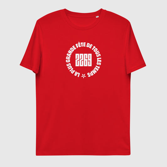 Unisex red organic cotton t-shirt with French 2269 party circle