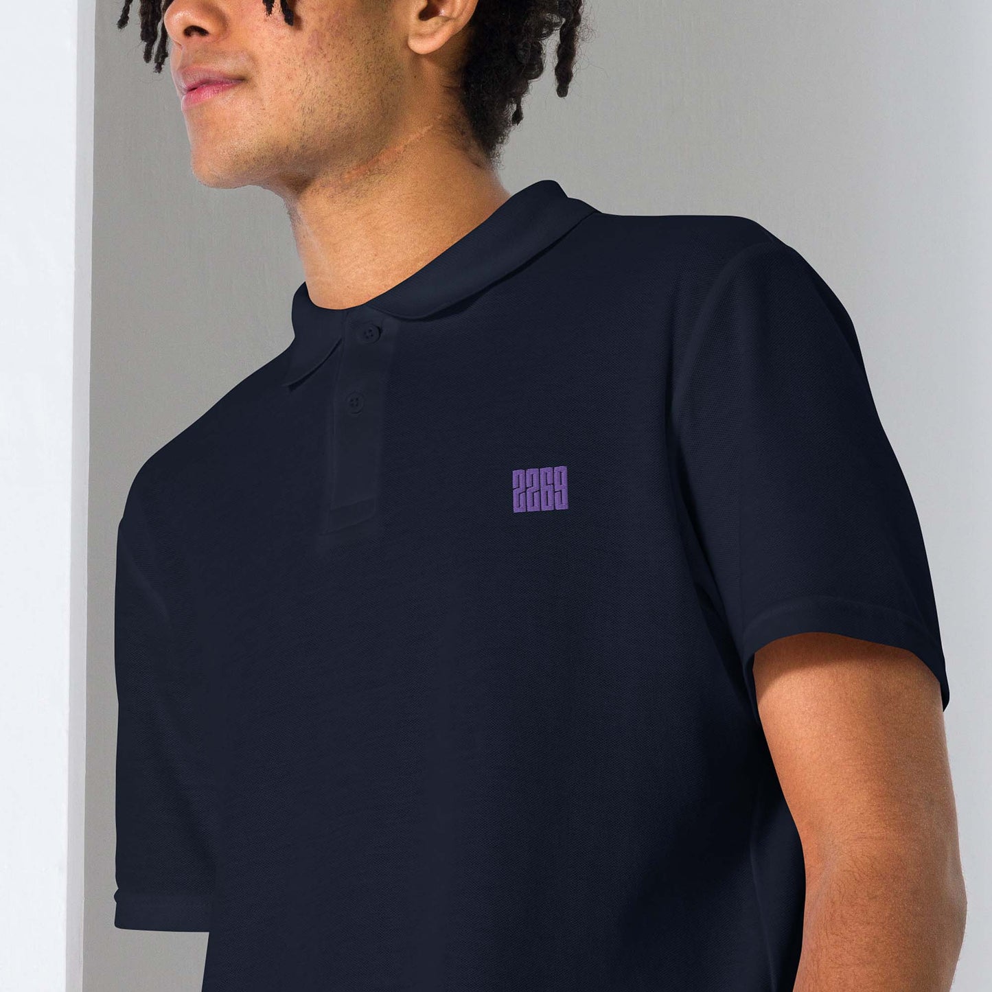 Unisex navy pique polo shirt with embroidered 2269 logo